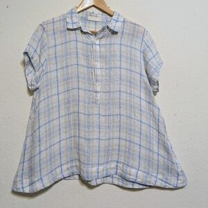 CP SHADES  Linen Button Up Blouse Women’s Large  Blue Plaid A Line Blouse